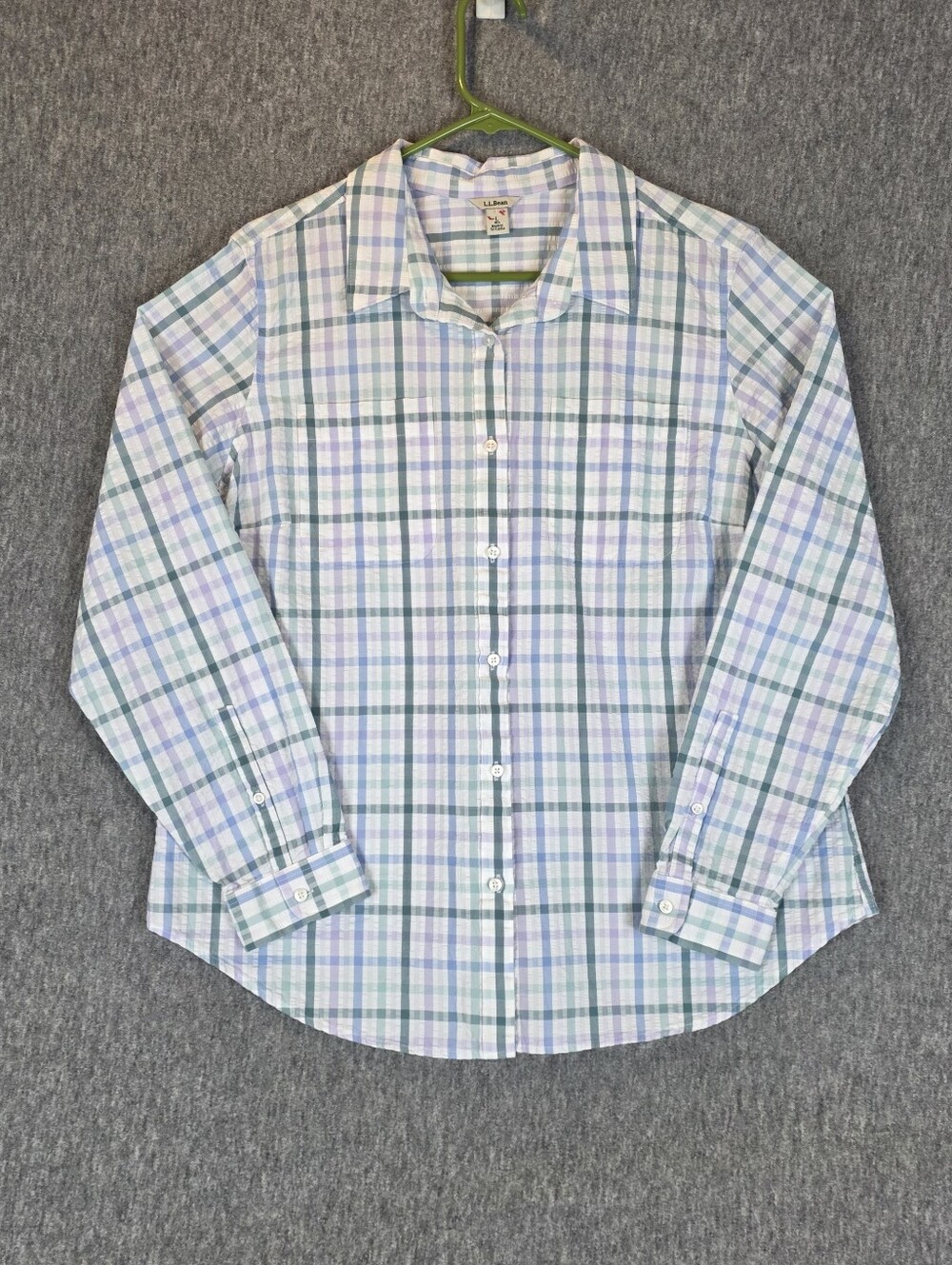 Vtg Land's End Blue Green Plaid Seersucker Button-Down Shirt  Wmn's Lg